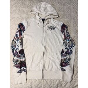 Harley Davidson White Tattoo Sleeve Zip Up Hoodie Biker Graphics Womens M